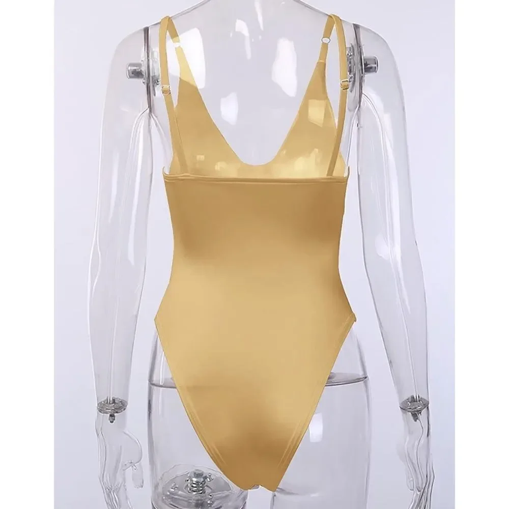 Women’s Sleeveless Bodysuit Gold Satin Night Out Leotard with Underwire. - Picture 6 of 8
